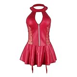 ohyeahlady Lederkleid Damen Reizwäsche Wetlook Dessous mit Strapsen Minirock Nachtwäsche Outfit Große Größen Clubwear Nachtwäsche(Rot-A,XL-XXL)