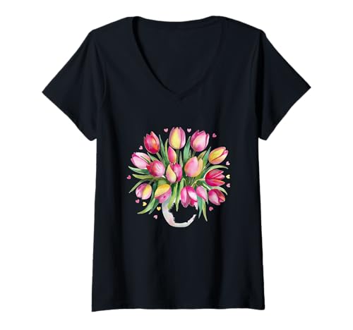 Femme Aquarelle Bouquet de tulipes printanières mignonnes et amusantes T-Shirt avec Col en V