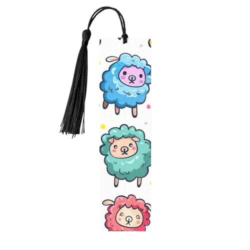 かわいいカラフルな羊の漫画のパターンプリント読書ページマーカーブックマーク、タッセル付き木製ブックマーク5個、本好きへのギフト。
