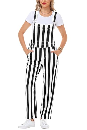 Magrank Women's Striped Bib Overalls Fashion Black and White Denim Pants Adjustable Straps Jeans Coveralls with Pocket S