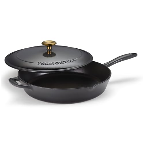 Image of Tramontina Bestow Enameled Cast Iron 12-Inch Skillet with Lid, Smoke