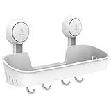 TAILI Shower Caddy with 4 Hooks Suction Cup Shower Shelf Hanging Bathroom Rack Removable & Reusable No Drilling Plastic Wall Mounted Bath Shelves Storage White