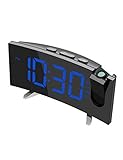 PICTEK Projection Alarm Clock, FM Radio, 5'' Dimmable LED Curved Screen, Adjustable Ceiling Sleep Timer for Kids Bedrooms, 12/24 Hour, Snooze Function, USB Charging, Blue