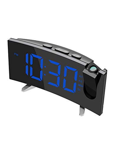 PICTEK Projection Alarm Clock, FM Radio, 5'' Dimmable LED Curved Screen, Adjustable Ceiling Sleep Timer for Kids Bedrooms, 12/24 Hour, Snooze Function, USB Charging, Blue