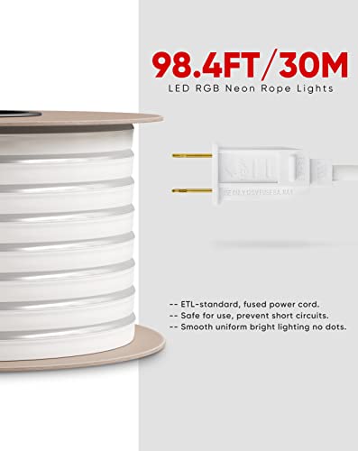 Shine Decor 98.4Ft Led Rgb Neon Rope Lights, Etl-Listed Ac 110-120V Neon Led Strip Lights Smd5050 80Leds/M With Remote, Dimmable Multicolor Change Flexible Neon Rope Lighting Waterproof For In&Outdoor #TOP1