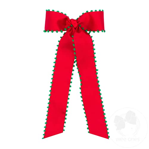 Wee Ones Girls' Taffeta Bowtie with Pom-Pom Edges and Streamer Tails (Knot Wrap), Medium, Red with Green