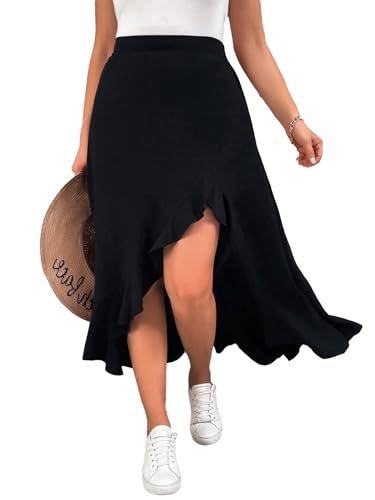 MakeMeChic Women's Plus Size Casual Ruffle Swing Skirt High Waisted High Low Hem Maxi Long Skirts Cowboy Chic