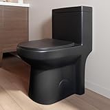 Compact One Piece Toilet Matte Black, Space-Saving Powerful Dual Flush Round Small Toilet for Bathrooms, Average 1.28 GPF, Skirted Design Upgraded UF Quiet & Soft Close Seat (12' Rough-in Toilet)