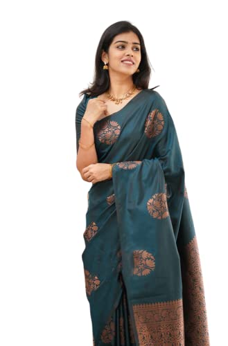 Photo de C J Enterprise Banarasi Sari en soie Kanjivaram Pattu avec chemisier (paithani anjana), Mor Pich, taille unique