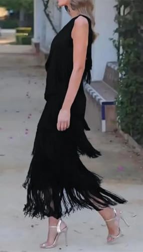 Womens Dresses One Shoulder Maxi Party Elegant Fringed Tassel Evening Dress4