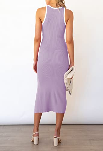 Pink Queen Women's Summer Sleeveless Dresses Cutout Bodycon Party Ribbed Knee Length Knit Midi Dress Purple S #TOP4