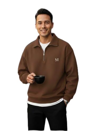 Image of SMOWKLY Men's Half Zip Sweatshirt | Oversized Winter Wear for Men | Mock Neck Quarter Zip Pullover | Full Sleeve Fleece Sweatshirt | Casual Streetwear | Warm Cotton Blend Upperwear for Men