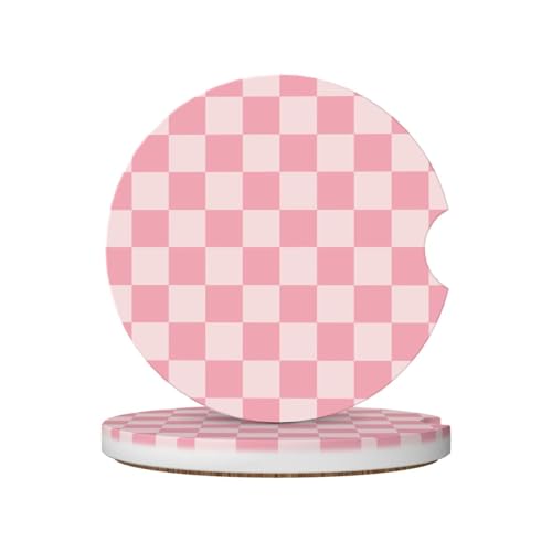 Pink Checkered Car Coasters for Cup Holders,2 Pack Car Cup Holder Coasters for Car,Ceramic Absorbent Car Coaster with A Finger Notch and Cork Base,Car Interior Accessories for Women Men