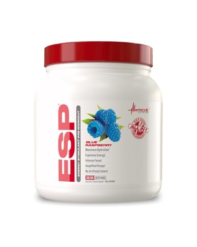 Image of Metabolic Nutrition | ESP - Stimulating Pre Workout, Pre Intra Workout Supplement | Energy & Endurance Stimulating | Natural, Safe & Mental Focus | Blue Raspberry, 300 Grams (90 Servings)