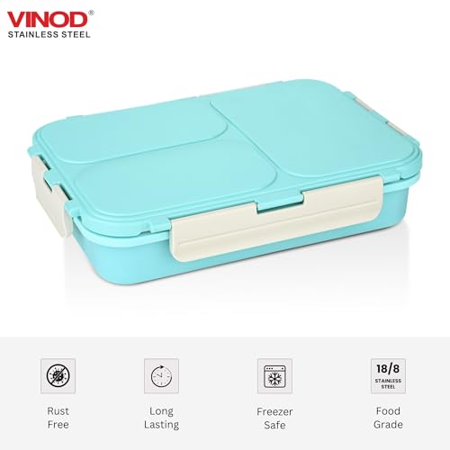 Image of Vinod GO-Tiffin Stainless Steel 3 Compartment Insulated Lunch Box | Blue | Leaf-Proof, Vacuum Sealed & Air Tight | Tiffin Box for Office, Kids & Adults | Freezer Safe | with Safety Lock