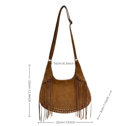 Image of Women Vintage Suede Fringe Hobo Bag Tote Shoulder Bag Crossbody Bag and Hippie Western Cowgirl Purse Shoulder Bag