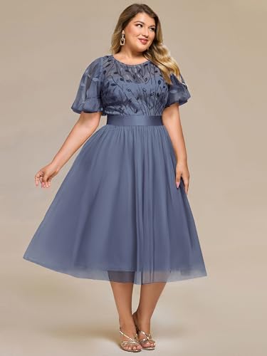Image of Ever-Pretty Plus Women's Round Neck Embroidery Short Sleeves Sequin Tulle Midi Plus Size Cocktail Wedding Guest Dresses Dusty Blue US22