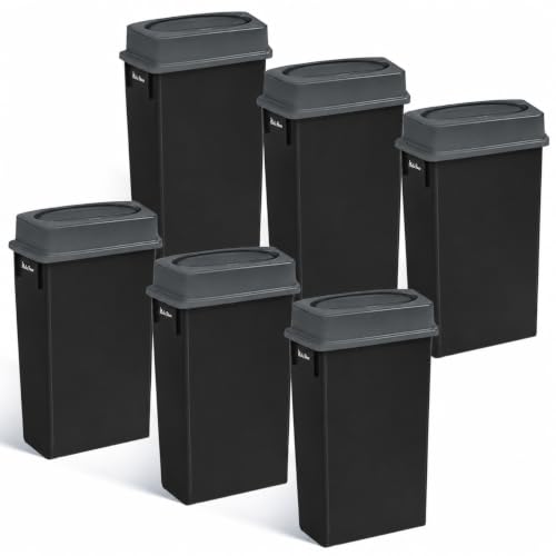 Image of PLASTIC PRINCE 23 Gallon Slim Trash Can with Swing Lid Commercial Rectangular Garbage Can with Drop Shot Lid Waste Bin with Double Flip Top for Restaurant Home Kitchen Office, Black /Gray 6 Pack