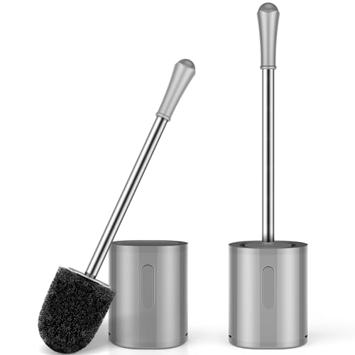 Image of Toilet Brush and Holder Set, 2 Pack with Stainless Steel Handle Toilet Bowl Brush, Compact Toilet Scrubber Brush for Deep Cleaning Bathroom Restroom, Easy to Assemble (White)