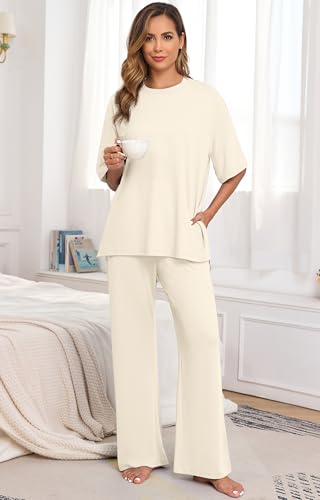 Image of PrinStory Womens Pajamas Sets 2 Piece Lounge Set Short Sleeve Tops and Long Pants Soft Pjs Loungewear with Pockets