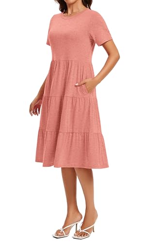 Image of Womens Summer Short Sleeve Crew Neck Midi Dress 2026 Casual Fit Flowy Tiered Beach Vacation Sundress with Pockets