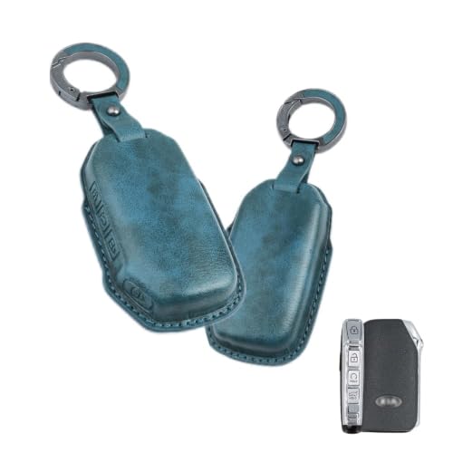 Image of Keyzone Vintage Leather Key Cover fit for Kia Seltos, Sonet 2023 Facelift 4 Button smart Key (VL-Blue)