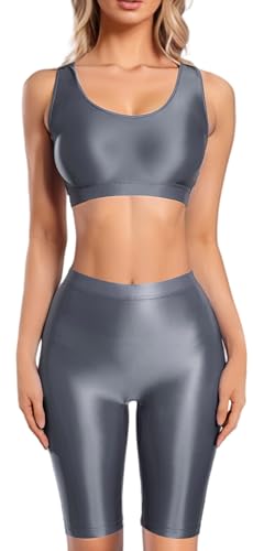 FEOYA Shiny Workout Shorts Set for Women 2 Piece Oil Metallic Crop Top and Knee Length Biker Shorts Night Out Clubwear for Disco Rave Party Festival