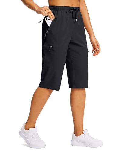 SANTINY 15' Long Shorts for Women Hiking Cargo Bermuda Shorts with 5 Zipper Pockets Lightweight Quick Dry Knee Length Capris (Black_L)