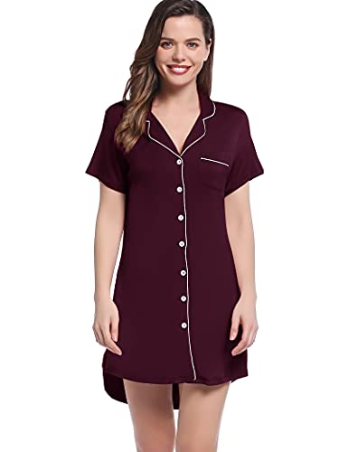 Joyaria Damen Nachthemd Kurzarm, Baumwolle Nachtwäsche mit Knopfleiste V-Ausschnitt Schlafshirt Frauen Kurze Cover