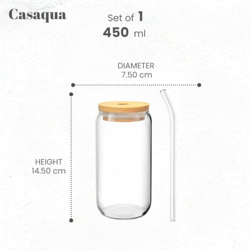 Image of Glass Tumbler with Bamboo Lid & Glass Straw - 450ml, Set of 1, Clear Drinking Glass Cup for Iced Coffee, Tea, Smoothies, Juice & Boba, Leak-Resistant Can Shaped Borosilicate Glass Cup