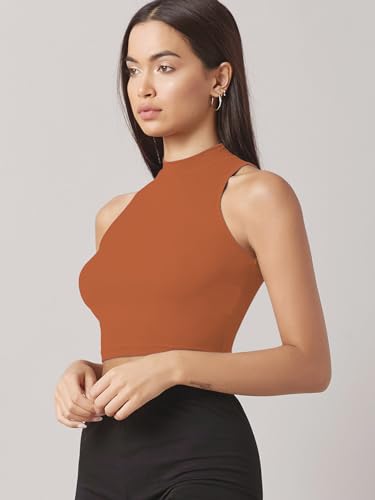 Image of Sugathari Women's & Girls' Solid Ribbed High Neck Sleeveless Crop Tops for Women (Top 37)