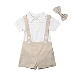 YQYJA Baby Kleidung Sets Sommer Gentleman Anzug Solide Kurzarm Polo Strampler Hosenträger Fliege 3 Stück Outfits,90 (12-18 Monate),Helles Khaki
