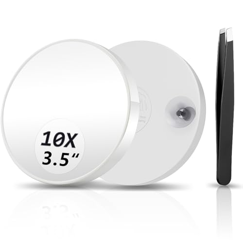 10X Magnifying Mirror, Magnified Mirrors 3.5" with Two Suction Cups and Tweezers, Travel Magnifyied Mirror Set Comes with Portable Storage Bag, Small Magnifying Mirrors for Travel(White)
