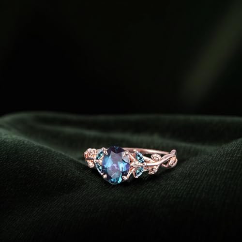 2CT Oval Color-Change Alexandrite Engagement Ring Set for Women Solid 925 Silver/10K/14K/18K Gold Bridal Ring Set Vintage Art Deco Vine Leaf Gemstone Rose Gold Ring Set for Her Unique Gifts2