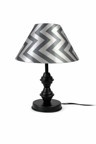 Image of tu casa Modern Table Lamp with Classic Chevron Grey Satin Shade | Metal Iron Base Decorative lamp for Living Room| Decorative Lighting for Living Room, Study, Designer Table Lamp for Gifting