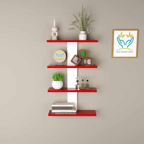 Image of Wooden Wall Mounted Floating Rack Shelves Book Stand Display Hanging Shelf Living Room Bedroom Storage Home Office for Decoration Showcase (Red White)