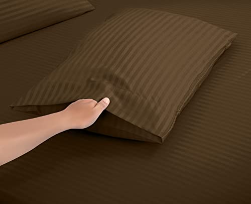 Image of ROYALE LINENS 4 Piece Cal King Sheets Set - Soft Brushed Microfiber - 1 Fitted, 1 Flat Sheet, 2 Pillowcases - Wrinkle Free & Fade Resistant - Hotel Luxury Bed Sheets (Stripe Chocolate, Cal King)