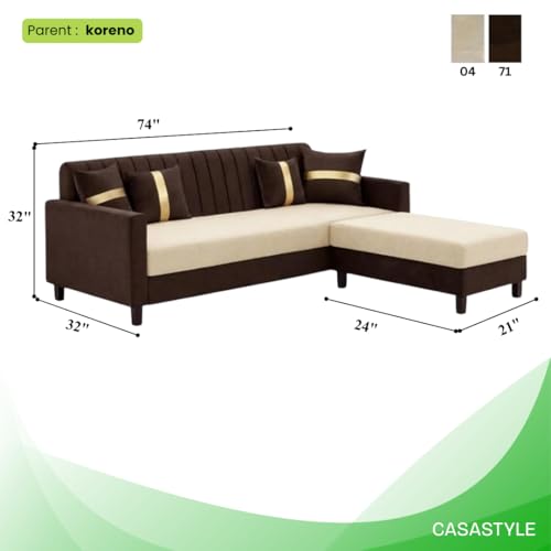Image of CASASTYLE Korion 4 Seater L Shape Sofa Set with Movable Ottoman | Flexible Left or Right Layout | Cozy Velvet Fabric | Soft Touch Seating | Modern Designer Sofa for Living Room (Dark Brown-Cream)