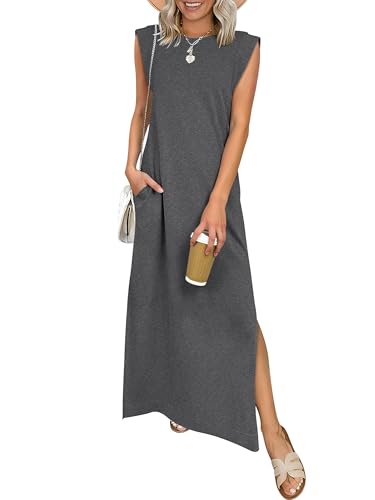 Image of Womens Good Vibes Rainbow Sleeveless Funny Grapic Maxi Dress Summer Casual Letter Tank Dresses with Pockets