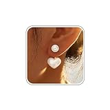 Atentuyi Wedding Dainty Double Sided Earrings Ear Jacket Front Back Small Pearl Stud Earrings Gold Round White Bead Heart Shaped Love Dangle Vintage Tiny Pearl Minimalist Simple Jewelry for Women