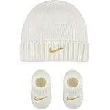Nike Cable Knit Hat And Booties, 2 Piece Set, Newborn Baby Boys or Girls (White/Gold)