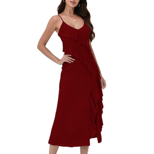 Image of Women's Spaghetti Strap Ruffle Side Split Long Dress Bodycon Beach Maxi Dresses