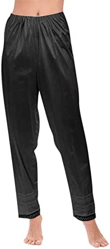AmShibel Womens Satin Silk Sleepwear Long Pajamas Pants Nightwear Loungewear Pj Bottoms Trousers With Lace Trim (Black, M)