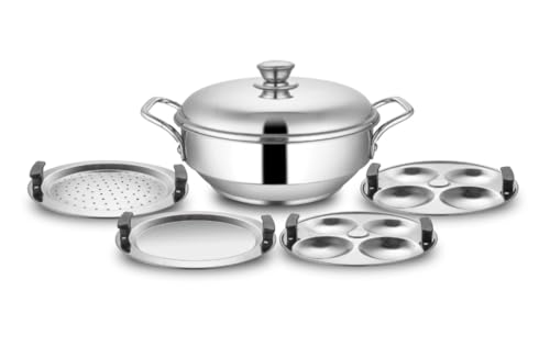 Image of VARCHAS Stainless Steel Idli Maker & Steamer with 4 Plates | Mini Multi Kadai 3 Litre, 22 cm | Idli, Dhokla, Momo, Steaming Cooker | Induction & Gas Compatible Kadhai