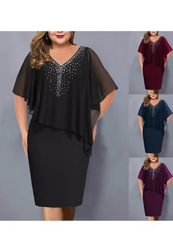GORIFE Women's Rhinestone Overlay Summer V Neck Cape Sleeve Dress Pencil Casual Solid Color Mesh Chiffon Dress2