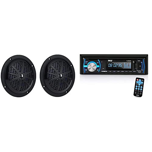 Image of 5.25 Inch Dual Marine Speakers 2 Way Waterproof and Weather Resistant Outdoor Audio Stereo Sound System 1 Pair PLMR51B (Black) & Marine Bluetooth Stereo Radio (Black)