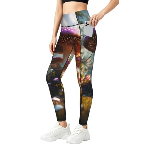 Leggings de hongos con bolsillos para mujer y pantalones elásticos de entrenamiento