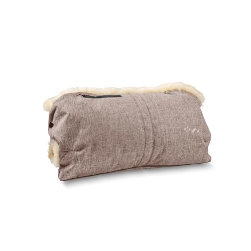 Fellhof Kinderwagen Handwärmer, 100% Merino-Lammfell, wind- u. wasserabweisend, reflektierende Streifen, OEKO-TEX zertifiziert, Universalgröße für alle Kinderwagen (Beige-melange)