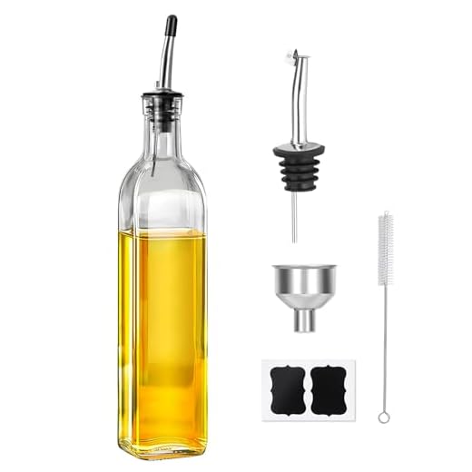 WEILAIDI Olive Oil Dispenser Bottle, 1 Pcs Glass Oil and Vinegar Dispenser Set with 2 Stainless Steel Pourers, 2 Labels,1 Brush and 1 Funnel Oil Bottles for Kitchen (17oz/500ml)