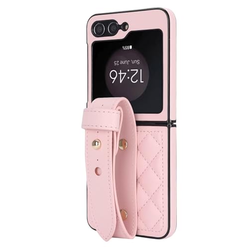 Coque Samsung Galaxy Z Flip 5 antichoc en cuir avec bracelet réglable rose